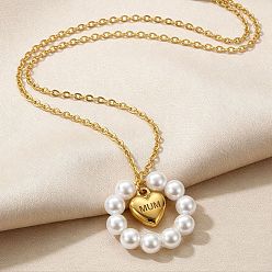 Золотой 304 Кольцо из нержавеющей стали с подвеской в виде сердца из пластиковых бусин и жемчуга, подвеска в форме сердца, подарок на День матери., белые, золотые, 15.75 дюйм (40 см)