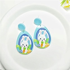 Светло-Голубой Акриловые болтаться серьги стержня, слеза с кроликом, платина, Небесно-голубой, 67x30 мм