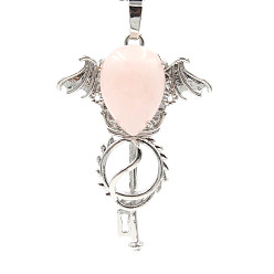 Rose Quartz Natural Rose Quartz Pendants, with Platinum Plated Brass Findings, Wing with Key Charms, 47x32x11mm
