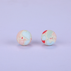 White Printed Round with Heart Pattern Silicone Focal Beads, White, 15x15mm, Hole: 2mm