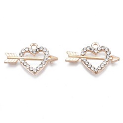 Light Gold Подвески из сплава , с кристально горный хрусталь, без кадмия, без никеля и без свинца, кулоны в форме сердца со стрелой, золотой свет, 15.5x24x2 мм, отверстие : 1.8 мм
