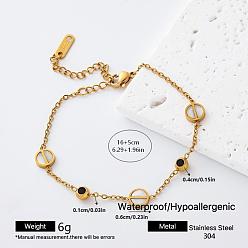 Flat Round 304 Stainless Steel Pave Cubic Zirconia Link Anklets for Women, Golden, White, Flat Round, 6-1/4 inch(160mm)