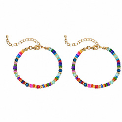 Colorful Dyed Natural Shell and Brass Rondelle Beaded Bracelet Sets for Women, Stackable Bracelets with Glass, Golden, Colorful, 6.50 inch(16.5cm)~6.69 inch(17cm), 2pcs/set