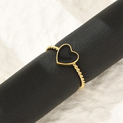 Черный 304 эмалированные манжеты из нержавеющей стали для женщин, сердце открытое кольца, золотые, чёрные, Сердце: 8.5x8.5 mm, внутренний диаметр: регулируемый