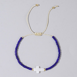 Темно-Синий Стеклянные бусины и латунные плетеные браслеты из бисера, белые ракушечные крестообразные регулируемые браслеты, темно-синий, 11 дюйм (28 см)