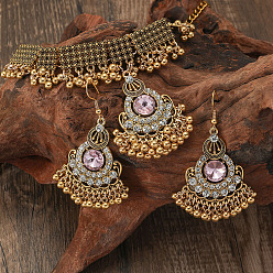 Oval Ожерелье и серьги-подвески из цинкового сплава, страз и пластикового жемчуга в стиле бохо, античное золото , овальные, 390 мм и 60x40 мм