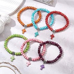 (52) Непрозрачная лаванда Синтетические бусины из императорской яшмы и бирюзовые крестообразные браслеты для женщин и мужчин, разноцветные, внутренний диаметр: 2-1/4 дюйм (5.6 см)