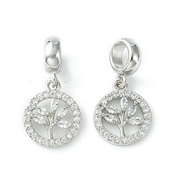Платина Реечное покрытие латунь микро паве кубический цирконий европейские подвески с подвесками, плоские круглые подвески с большим отверстием в виде дерева, долговечный, без свинца и без кадмия, платина, 24 мм, Кулон : 14.2x12x3 мм, отверстие : 5 мм