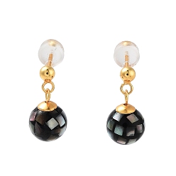 Real 18K Gold Plated Black Lip Shell Ball Stud Earrings for Women, Sterling Silver Dangle Earrings, Real 18K Gold Plated, 16.5x8mm