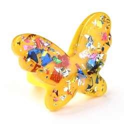 Yellow Acrylic Finger Rings, with Paillette, Butterfly, Yellow, 6.5~29.5mm, Inner Diameter: 18mm, butterfly: 29.5x38.5x6mm.