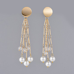 White Long Tassel Earrings, Brass Dangle Stud Earrings, with Rhombus Glass, Glass Pearl Beads and Earring Backs/Ear Nuts, Golden, White, 92mm, Pin: 0.7mm