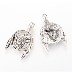 Antique Silver Tibetan Style Alloy Pendants, Flat Round with Wolf and Wing, Cadmium Free & Lead Free, Antique Silver, 38.5x25x10mm, Hole: 7mm, about 150pcs/1000g