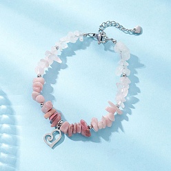 Сердце Браслет из натуральных смешанных драгоценных камней с бусинами, 304 Браслет с подвесками из нержавеющей стали для женщин, сердце, 7-1/8 дюйм (18 см)