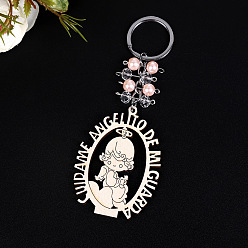 Pink Wood Keychain for Women, Angel, Pink, 12x5.5cm