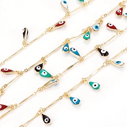 Real 18K Gold Plated Handmade Brass Bar Link Chains, with Enamel Charms and Spool, Soldered, Long-Lasting Plated, Teardrop with Evil Eye, Real 18K Gold Plated, 12.5x2x1.5mm, about 32.8 Feet(10m)/roll