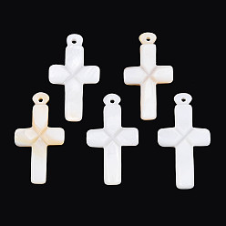 Морская Ракушка Природные подвески оболочки пресноводных, крест прелести, цвет морской раковины, 29.5~31x15~16x2.5~3 мм, отверстие : 1.2~1.6 мм