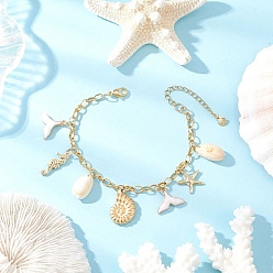 Белый Браслеты с подвесками из нержавеющей стали и эмалевого сплава, 304 браслеты из нержавеющей стали с цепочками для женщин, в форме хвоста кита, морской звезды и ракушки, с натуральными бусинками из каури, белые, 7-3/8 дюйм (18.8 см)