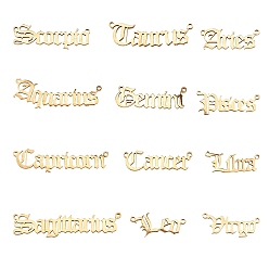 Golden 201 Stainless Steel Links, Twelve Constellations Alphabet, Old English, Laser Cut, Golden, 12pcs/box, Box: 7.4x7.2x1.7cm