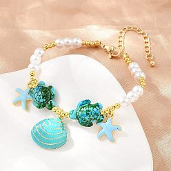 Turquoise Bracelets à breloques en forme d'étoile de mer, en laiton émaillé, pour femmes, bracelets ronds en ABS avec imitation perles, crémaillère plaquage, plaqué longue durée, sans cadmium et sans plomb, réel 18 k plaqué or, turquoise, 7.36 pouce (18.7 cm)