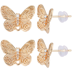 Настоящее золото 14K 8шт. фурнитура для сережек-гвоздиков из латуни с бабочками и стразами для женщин, долговечный, с 8 силиконовыми ушными гайками, реальный 14 k позолоченный, 13x16.5 мм, штифты : 11.5 мм