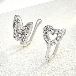 Платина Бабочка сердце латунный микропаве прозрачный кубический цирконий клипса на нос кольца, платина, 11x9 мм и 13x7 мм, 2 шт / комплект