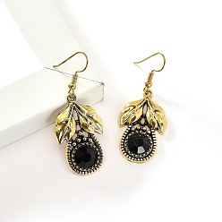 Античное Золото Серьги-подвески из сплава в форме листа с плоскими круглыми стразами, с пластиковой жемчужины, античное золото , 52x20 мм