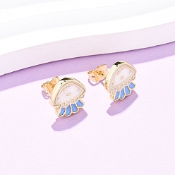 Squid Серьги-гвоздики из латуни, Тема океана, реальный 18 k позолоченный, кальмар, 12.5x11.5 мм