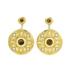 Настоящее золото 18K 304 серьги-гвоздики из нержавеющей стали с натуральным тигровым глазом в стиле бохо, плоско-круглые, реальный 18 k позолоченный, 54x37 мм