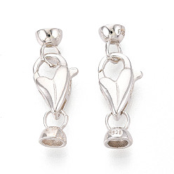 Серебро 925 стерлингового серебра застежкой омар коготь, с 925 штампом и концами шнура, серебряные, 25x9x4.5 мм, отверстие : 3.5 мм