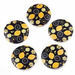 Black Fruit Seris Printed Wood Pendants, Flat Round with Lemon Pattern, Black, 50x5mm, Hole: 1.6mm
