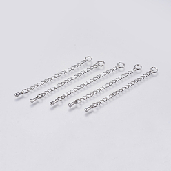 Stainless Steel Color Tarnish Resistant 304 Stainless Steel Chain Extender, with Teardrop Chain Tab, Stainless Steel Color, 70x3mm, Hole: 4mm