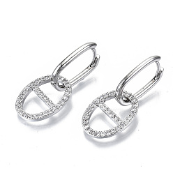 Platinum Brass Micro Pave Clear Cubic Zirconia Huggie Hoop Earring, Oval, Platinum, 35mm, Pin: 1mm