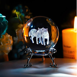 Волк Внутренняя резьба по стеклу, хрустальный шар, украшение для диаплея, пресс-папье с металлической подставкой, домашний декор по фэншуй, волк, 60 мм