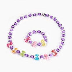 Flieder Acrylperlen Kinder Schmucksets, Stretch Armbänder & Halsketten, bowknot und Herz, Flieder, 1-5/8 Zoll (4.3 cm), 19.29 Zoll (49 cm)