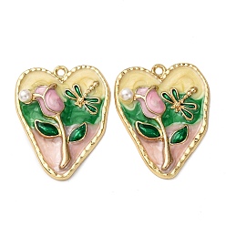 Светло-желтый Сплав эмали цветочные кулоны, подвески в форме сердца с искусственным жемчугом и блестящей пудрой, стойки покрытие, золотой свет, светло-желтый, 31.5x24.5x5 мм, отверстие : 1.8 мм