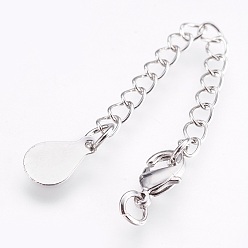 Platinum Eco-Friendly Brass Chain Extender, with Lobster Claw Clasps, Cadmium Free & Nickel Free & Lead Free, Long-Lasting Plated, teardrop, Platinum, 70~75x3mm, Hole: 2.5mm, Clasps: 10x6x3mm