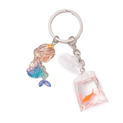 Dark Orange Resin Keychain, with Iron Rings, Mermaid, Fish, Dark Orange, 85.5mm