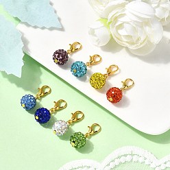 Золотой 8 шт. круглых подвесных украшений из полимерной глины с пайетками из стразов, с карабин-лобстерами , золотые, 24.5 мм