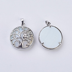 Opalite Opalite Pendants, with Brass Findings, Flat Round with Tree of Life, Platinum, 31~32x27x8~9mm, Hole: 5x7mm