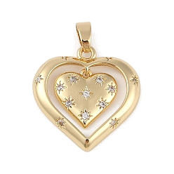 Настоящее золото 18K Латунные микропаве прозрачные подвески с фианитом, без кадмия, без никеля и без свинца, сердце, реальный 18 k позолоченный, 20x19.5x2.5 мм, отверстие : 3.5x3 мм