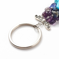 Medium Blue Natural & Synthetic Gemstone Beaded & Handmade Lampwork Pendants Keychain, with Brass, Iron, 304 Stainless Steel & Alloy Findings, Heart with Evil Eye, Medium Blue, 14.2cm