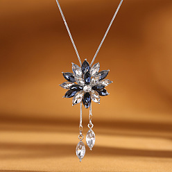 Platino Collares largos con borlas y diamantes de imitación de zafiro claro y aleación de flores para mujer, Platino, 33.46 pulgada (85 cm)