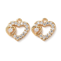 Настоящее золото 18K Латунь с кубическим цирконием подвеской, сердце прелести, прозрачные, реальный 18 k позолоченный, 10.5x11x3 мм, отверстие : 1.2 мм