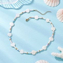 Shell Shape Летние пляжные ожерелья из натуральных белых ракушек и стеклянного бисера., с 304 удлинителями цепи из нержавеющей стали, золотые, формы раковины, 16.42 дюйм (41.7 см)