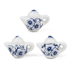 Blue Handmade Porcelain Pendants, Printed, Teapot with Floral Pattern Charms, Blue, 14~15x13x20mm, Hole: 1.5mm/3mm
