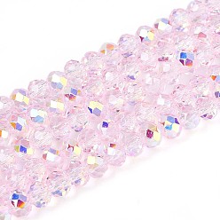 Pink Прозрачные стеклянные бусины, рондель, с половиным покрытием, с покрытием AB цвета, граненые, розовые, 3.5~4x3 мм, отверстие : 0.8 мм, около 113~114 шт / нитка, 12.99~13.19 дюйм (33~33.5 см)