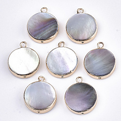 Colorful Natural Black Lip Shell Pendants, with Edge Brass Golden Plated and Iron Loops, Half Drilled, Flat Round, 18.5x15x3mm, Hole: 1~1.8mm