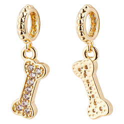 Real 18K Gold Plated 6Pcs Brass Micro Pave Grade AAA Cubic Zirconia European Dangle Charms, Large Hole Pendants, Bone, Lead Free & Nickel Free & Cadmium Free, Real 18K Gold Plated, 13.5x6x6mm, Hole: 4mm