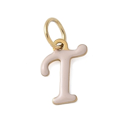 Letter T 304 из нержавеющей стали шармы эмали, с целью перехода в кольце, ионное покрытие (ip), золотые, Письмо T, 12x9x1 мм, Перейти кольцо: 6x0.8 мм, 4.5 мм внутренним диаметром