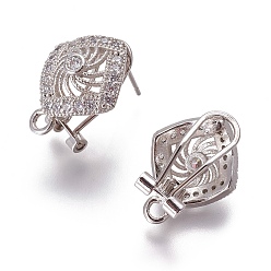 Платина Латунные серьги-гвоздики из циркония, французские серьги-клипсы, с петлей, ромб, прозрачные, платина, 18.5x14x12 мм, отверстие : 1.8 мм, штифты : 0.7 мм